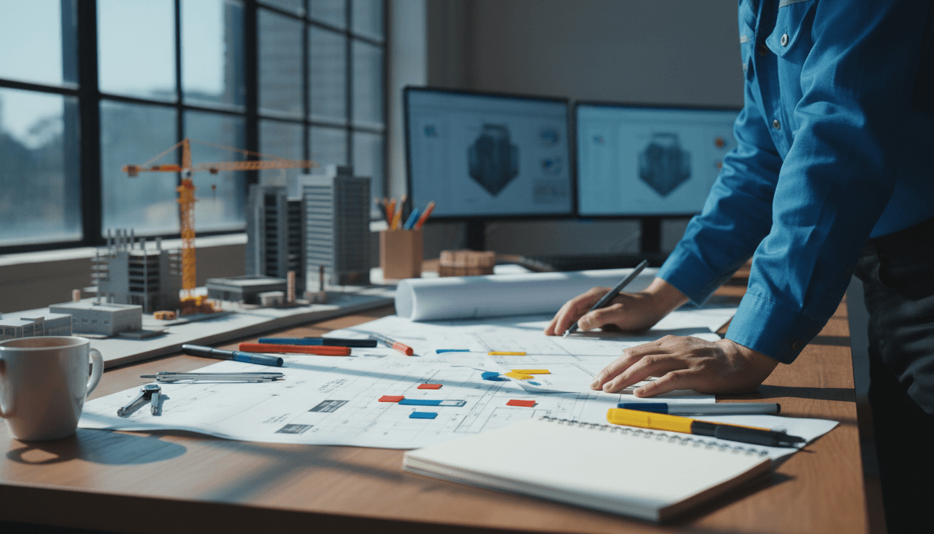 Project management overview with blueprints and timelines