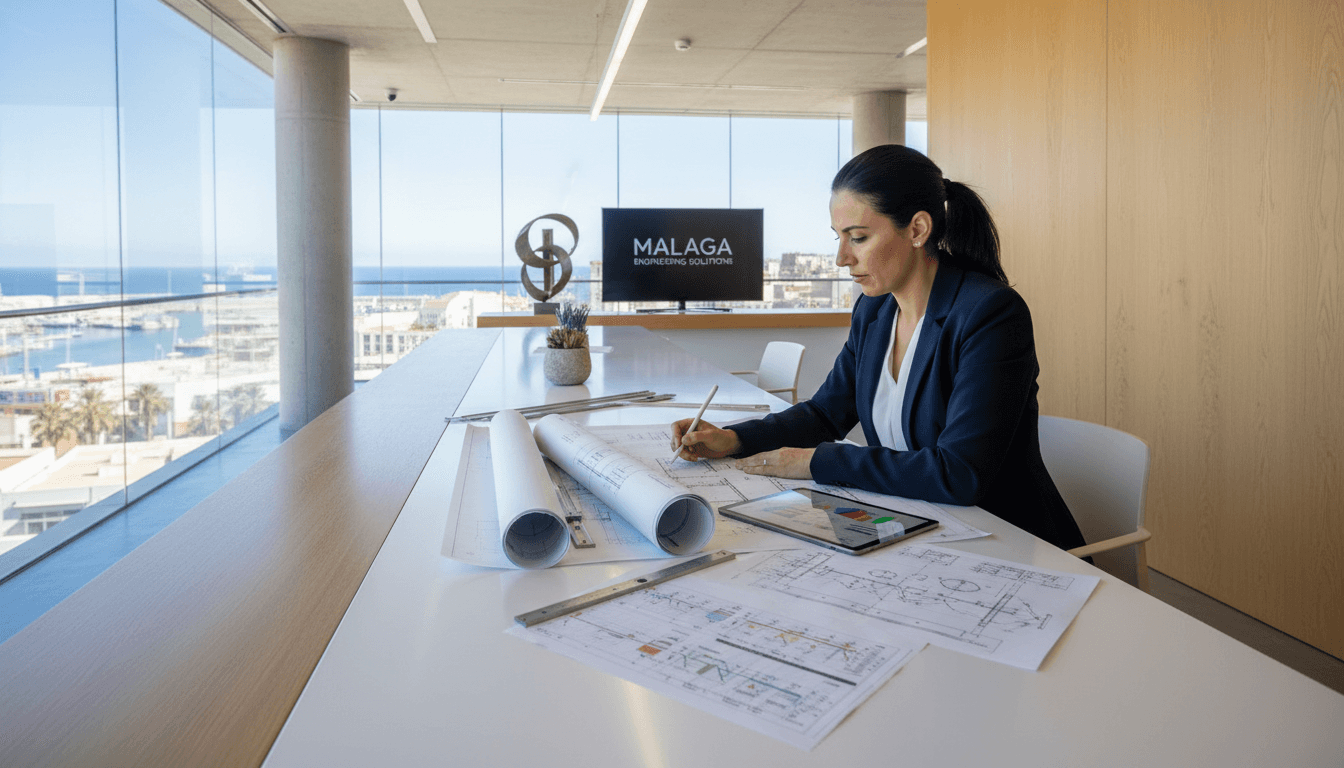 Engineering project manager analyzing blueprints and timelines in a modern office